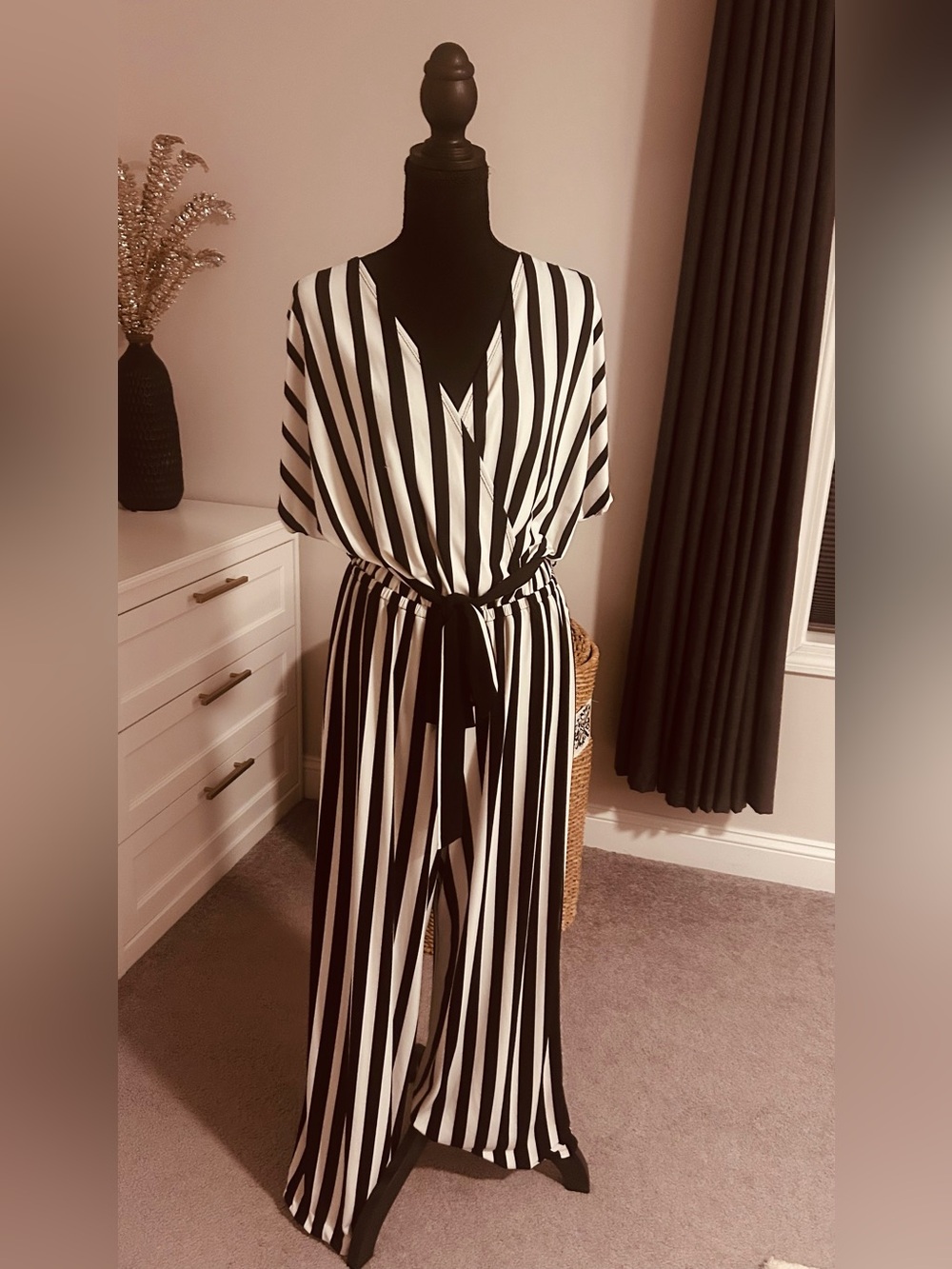 Black & White Vertical Stripe Wrap Romper Jumpsuit with Tie Waist